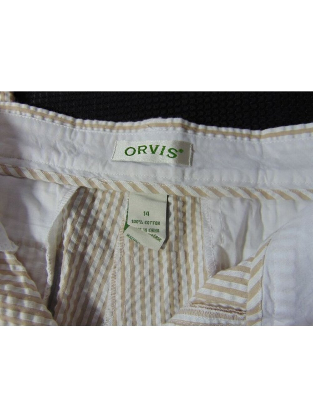 Orvis Womens Tan White Seersucker Pants Size 14 Cotton Flat Front Pockets Crop - Picture 6 of 16